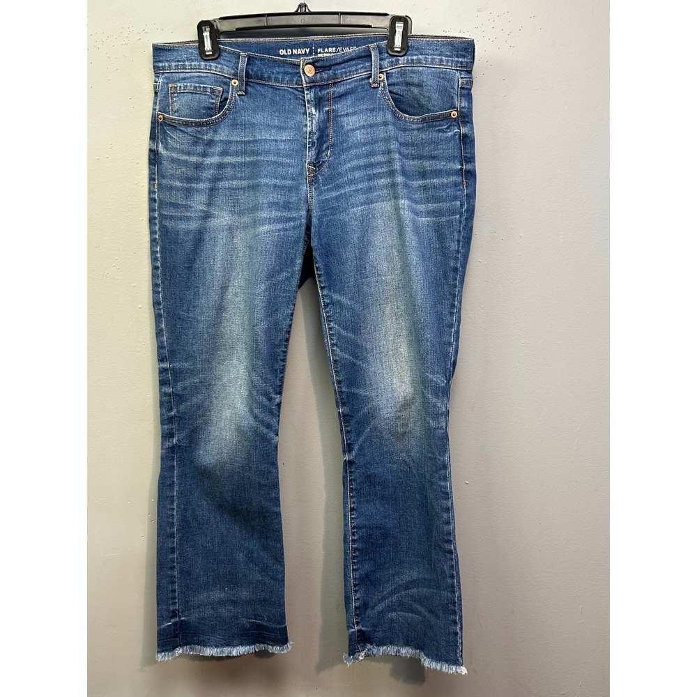 Old Navy Jeans Women 10 Blue Flare Mid-Rise Raw Hem Crop Frayed Stretch Denim